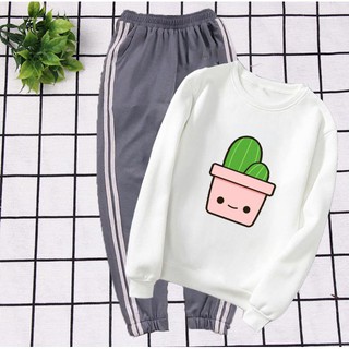Set Bộ Đồ Thu Đông Gồm Áo Trắng Dài Tay In Hình Cây Xương Rồng Mix Quần Thu Bo Gấu Sọc Bên ,Trẻ Trung ,Năng Động , Ấm Áp