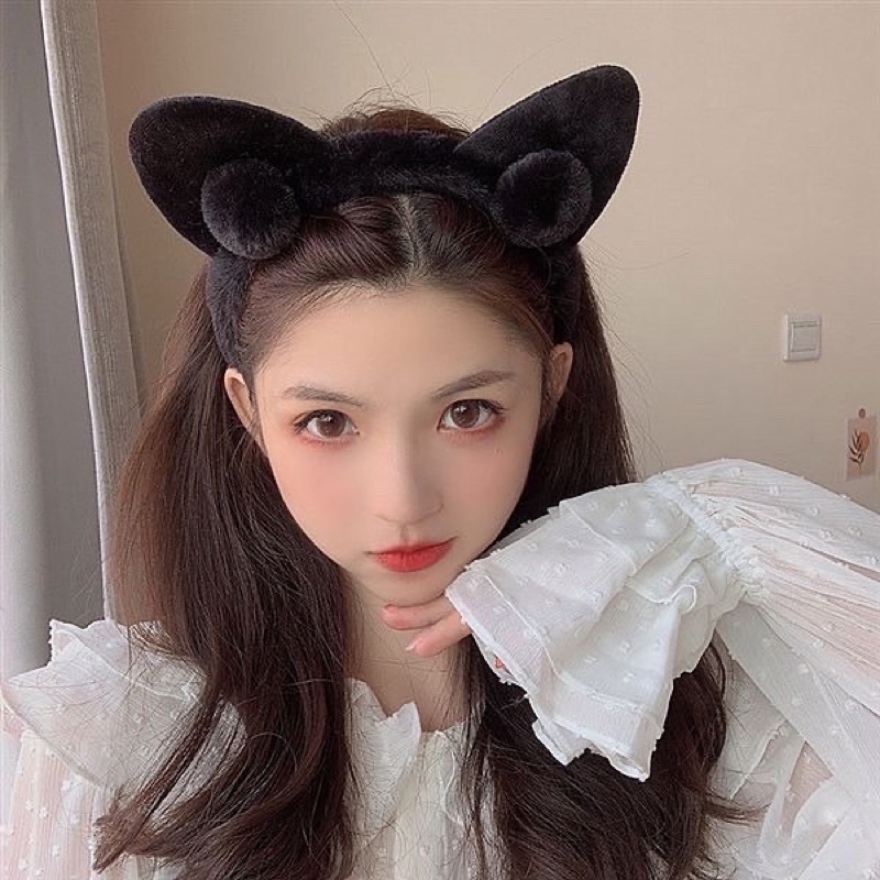Cài tóc băng đô mèo bông cute skin care rửa mặt