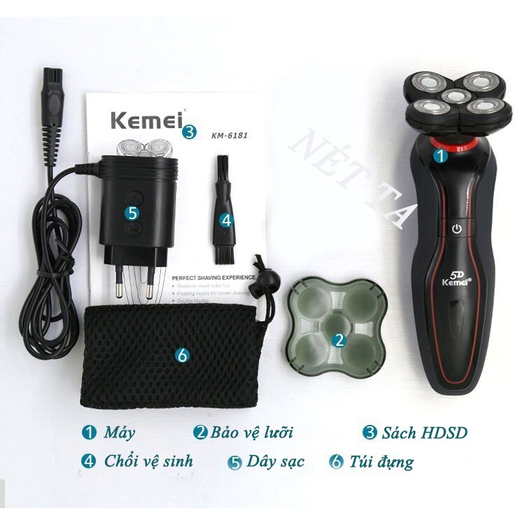 Máy cạo râu 5D cao cấp Kemei 6181 - có thể cạo khô và ướt - lưỡi 360 độ linh hoạt, an toàn cho da