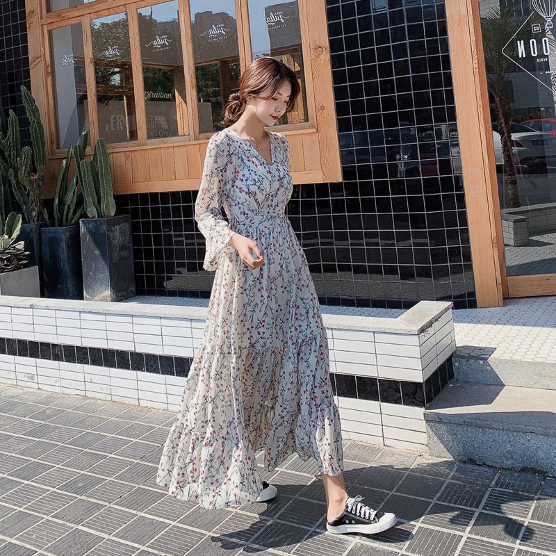 ❆☌㍿Mùa thu 2020 kiểu mới Voan Hàn Quốc cổ V tay bướm siêu đẹp màu sắc eo cao quá gối áo dài nữ không hợp thời tr
