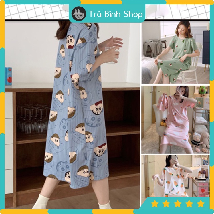 Đầm ngủ cộc tay dáng suông chất cotton Váy ngủ mềm mát họa tiết hoạt hình dễ thương