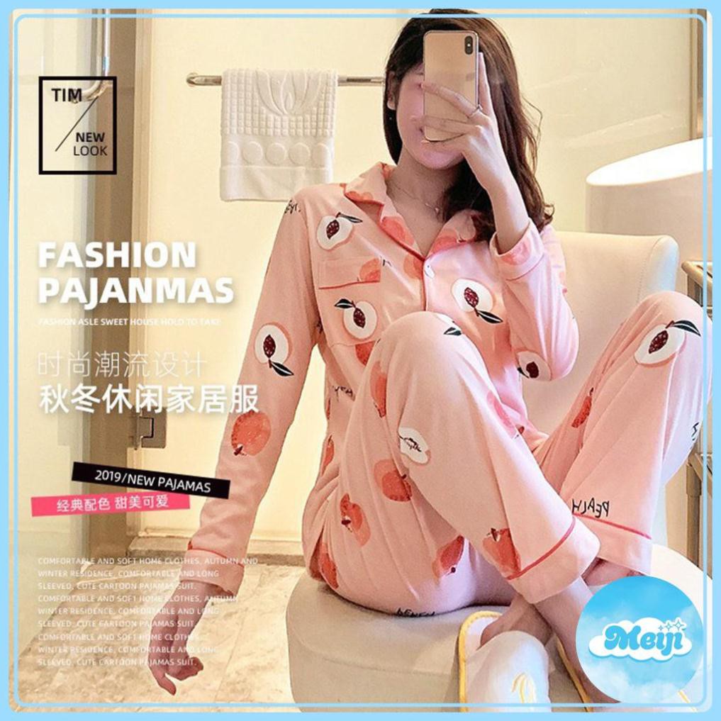 Quần áo ngủ,  Bộ ngủ pijama quả đào hồng dài tay dày dặn