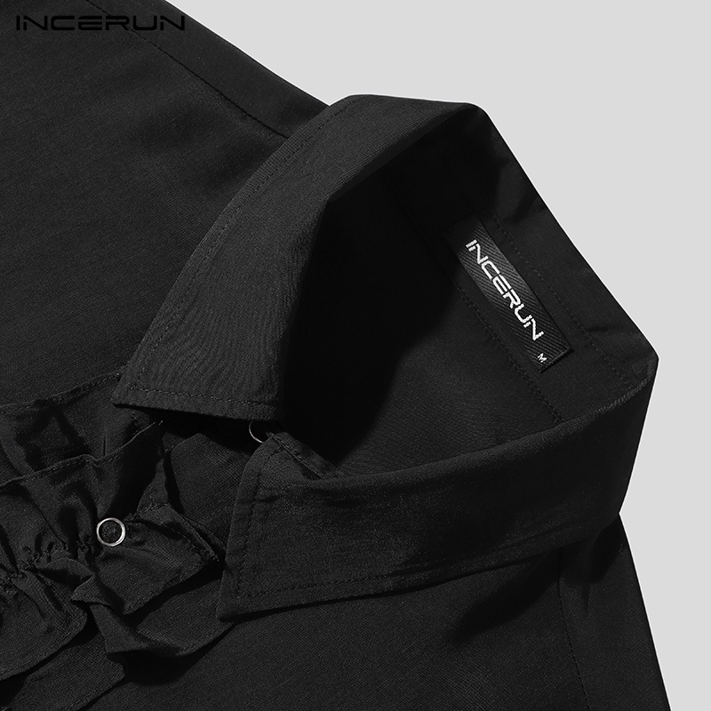 Áo sơ mi INCERUN tay dài phối bèo và nút phong cách Hàn Quốc thời trang cho nam
