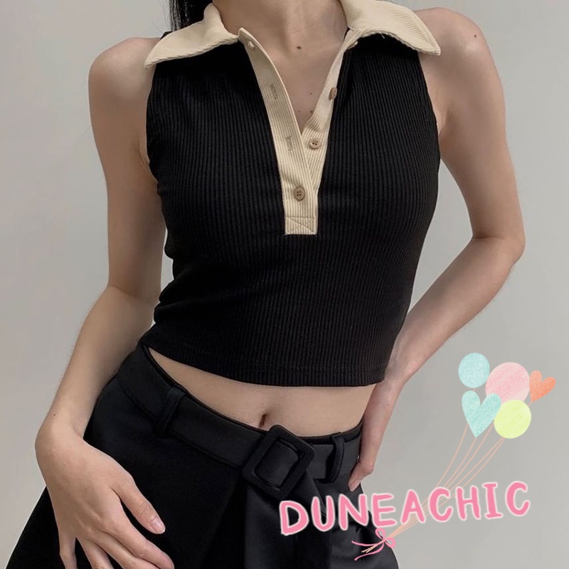DUNEA Áo Dệt Kim Cổ Polo Màu Khối Thời Trang Cho Nữ
