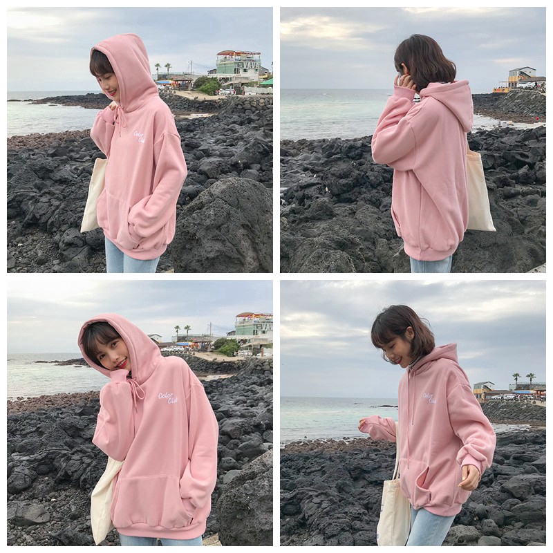 SUXI Áo Hoodie Tay Dài Chất Liệu Dày Dặn Thêu Họa Tiết Màu Sắc Ngọt Ngào Phong