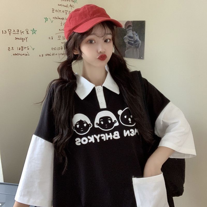[Có sẵn] Áo polo tay lỡ nữ dáng rộng oversize hình cartoon đáng yêu 3 màu có size (ảnh thật)