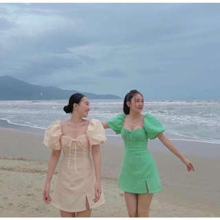 Đầm xanh tay bồng màu xanh min