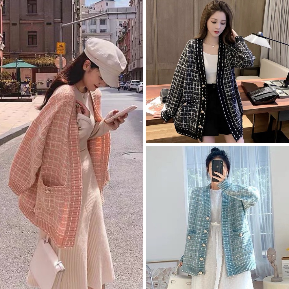 Áo cadigan kẻ caro viền kim sa HAYIN màu xanh, hồng, đen phối cúc tiểu thư điệu đà dáng rộng