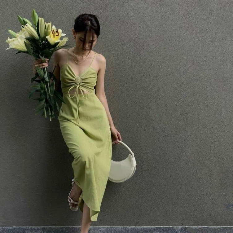 Đầm hai dây nữ mặc đi biển dự tiệc dạo phố rút dây cut out eo dáng dài