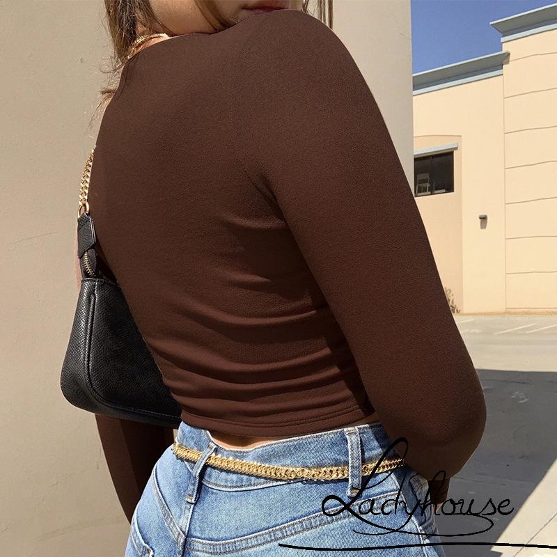 Áo Thun Crop Top Tay Dài Cổ Chữ U Màu Trơn Thời Trang Xuân Thu Dành Cho Nữ