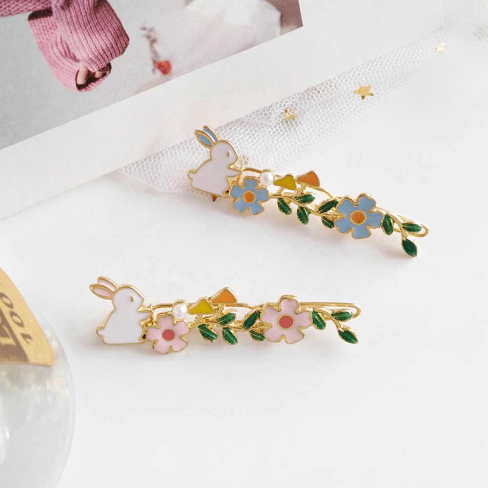 Kẹp tóc kim loại hình thỏ và hoa đính ngọc trai giả đơn giản xinh xắn cho nữ