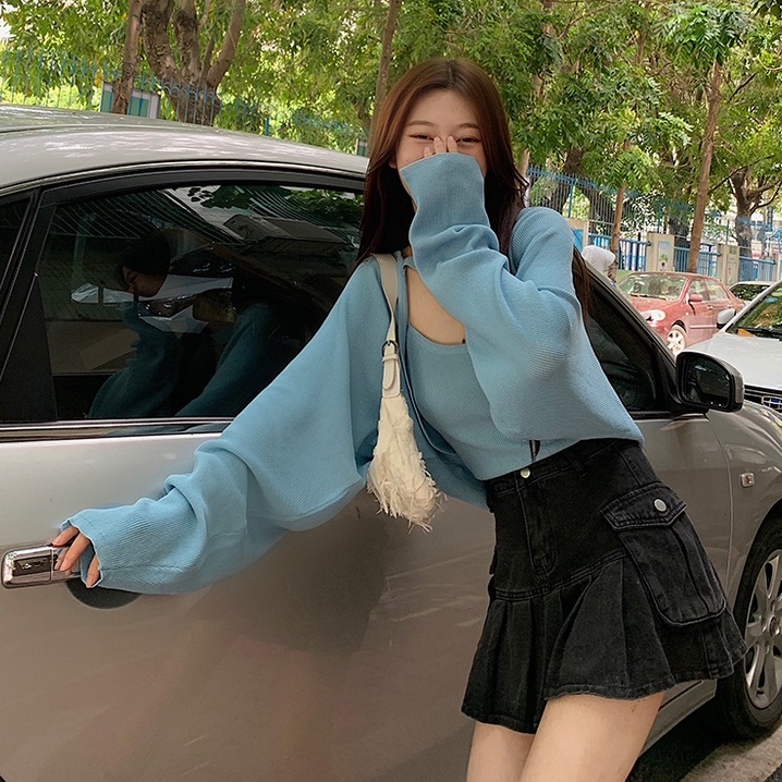 Set Áo Hai Dây + Áo Khoác Cardigan Dệt Kim Tay Dài Dáng Rộng Phong Cách Thời Trang Hàn Quốc