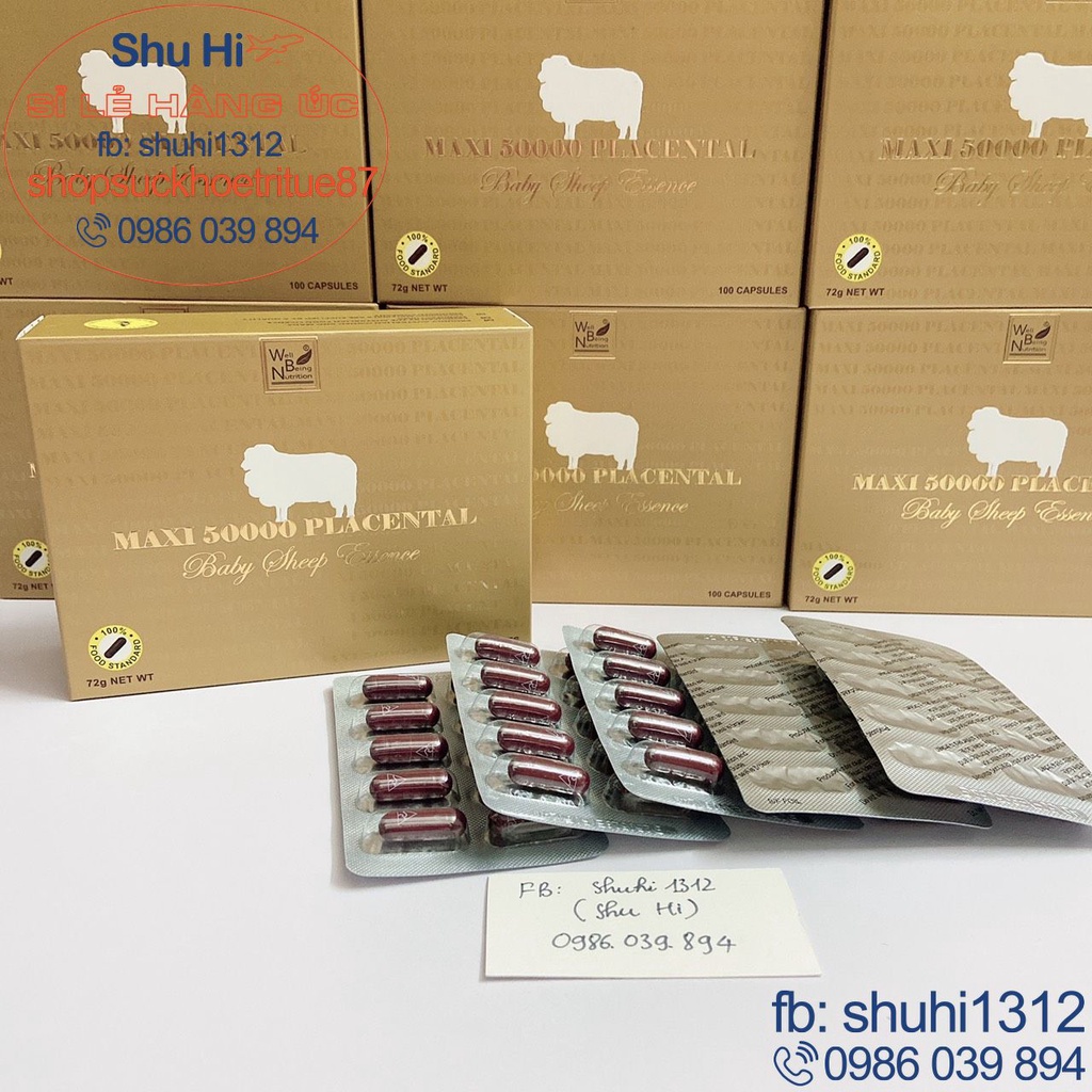 Nhau thai cừu maxi placental 50000mg 100v úc, well being nutrition maxi placental 50000mg, đẹp da, hỗ trợ giảm nám
