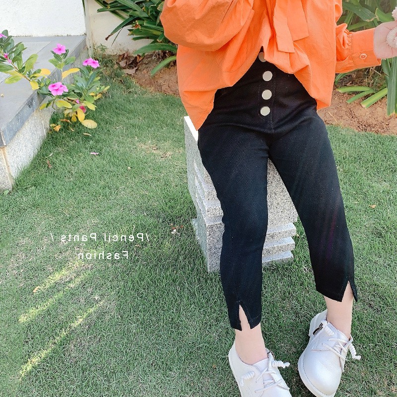 Mới Quần Legging Màu Trơn Phối Nút Cho Bé Gái