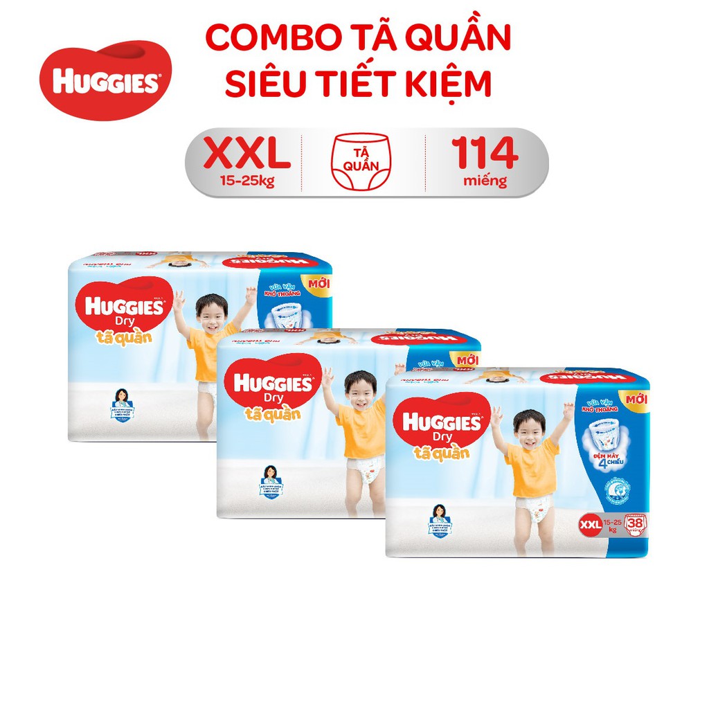 Combo 3 Tã Quần Huggies Siêu Tiết Kiệm M162/L144/XL126/XXL114:L48