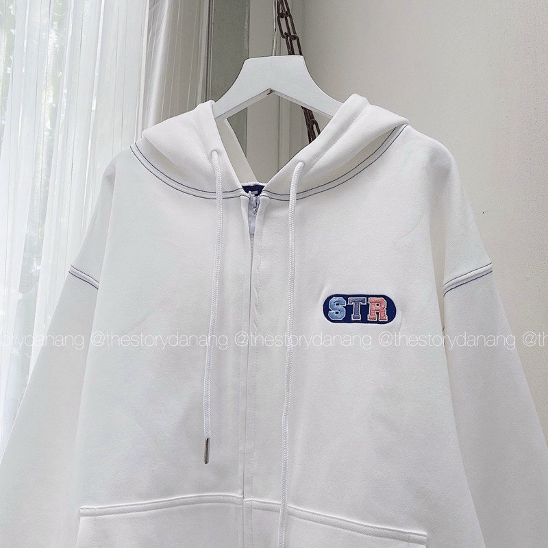 Áo khoác hoodie nữ nỉ bông dày form rộng chỉ viền unisex khoá zip thêu STR TP [NewUnisex]