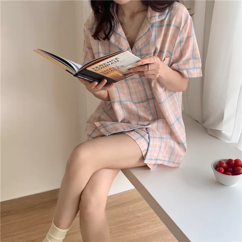 [CÓ SẴN] Đồ ngủ pijama kẻ caro hồng Hàn Quốc cộc tay dễ thương ullzang