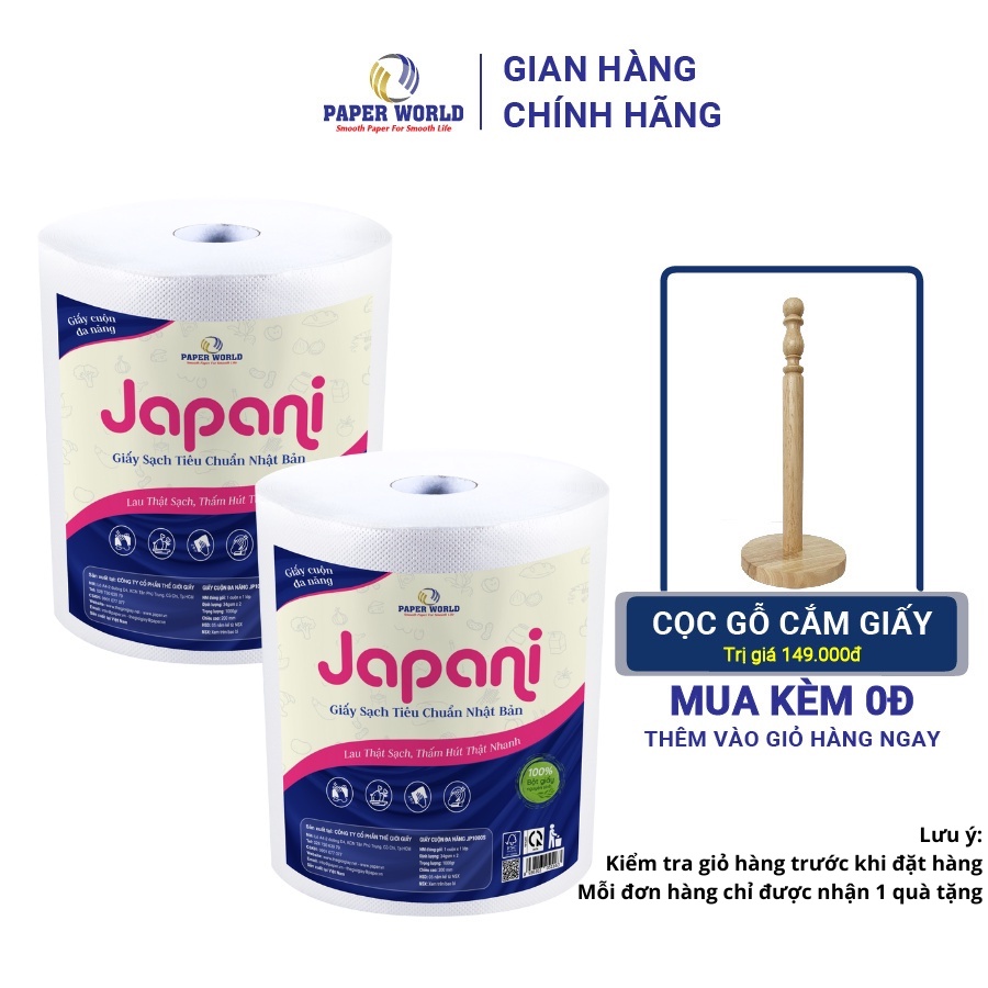 Combo 2 Giấy cuộn lau bếp đa năng tiết kiệm JAPANI | Thế Giới Giấy | 100% bột giấy nguyên sinh
