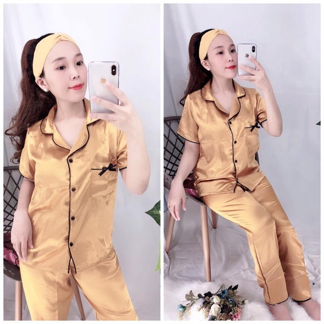 đồ bộ pijama phi lụa mặc nhà dài cộc nơ