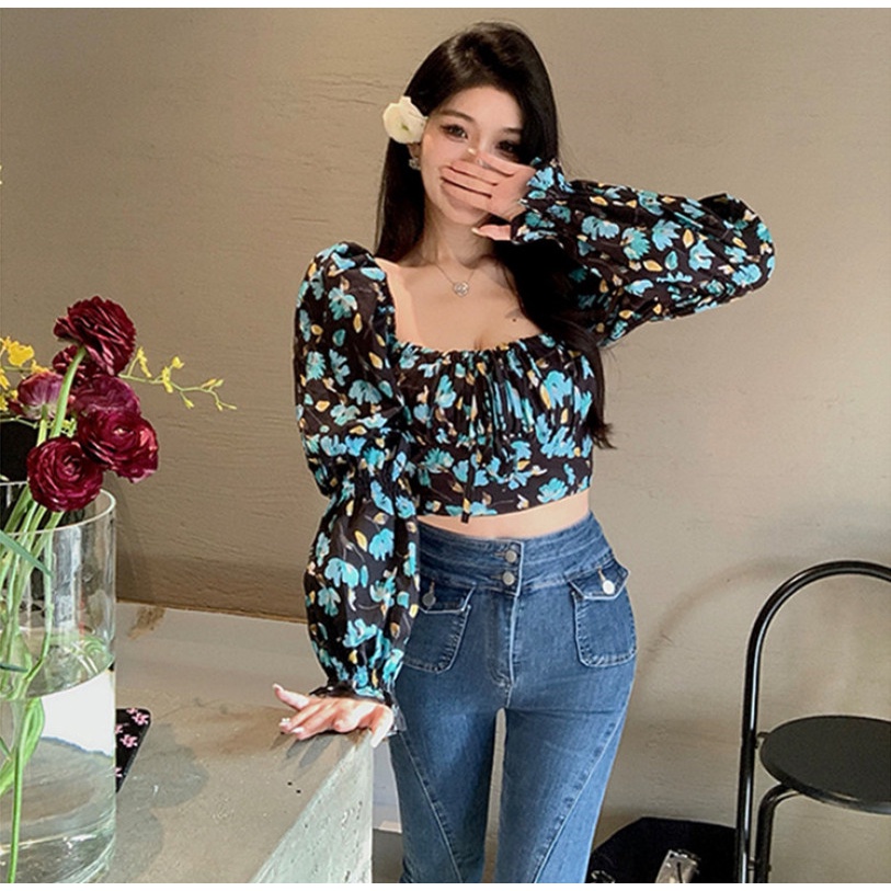 Áo Croptop Tay Dài Hoạ Tiết Hoa Thời Trang Mùa Hè Cho Phái Nữ