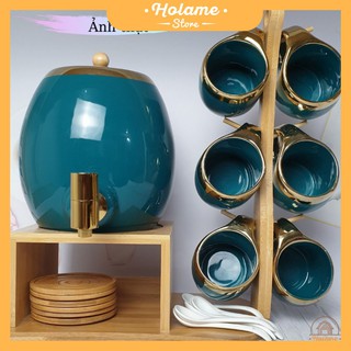 Bộ bình cốc sứ, bình nước bằng sứ 3 lít có vòi kèm 6 cốc và giá gỗ màu xanh cổ vịt phong cách Bắc Âu sang trọng