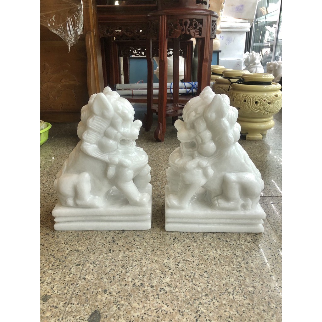 Cặp tượng Kỳ Lân phong thủy đá trắng trang trí bàn thờ thần tài, để mộ, gác cổng - Cao 30 cm