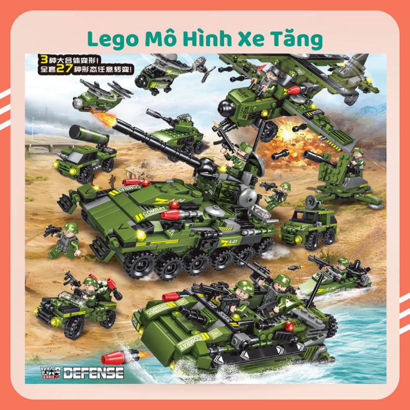 Bộ đồ chơi Lego xếp hình xe tăng, xe bọc giáp, Mô hình lắp ráp xe chiến đấu quân độ, Hơn 800 chi tiết với 27 tạo hình