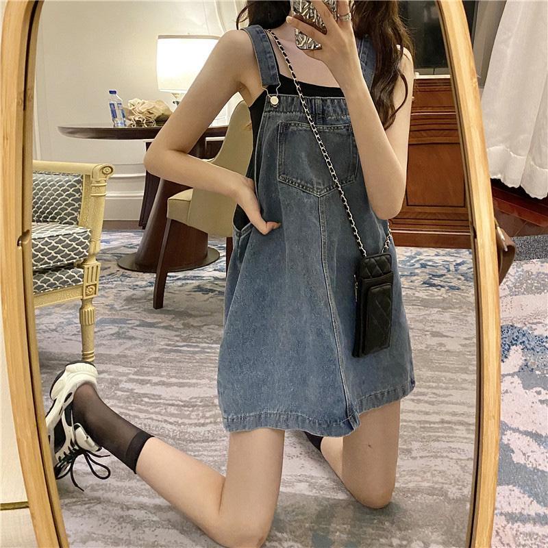 Đầm Yếm denim Lưng Cao Dáng Rộng Phong Cách Hàn Quốc Cổ Điển Thời Trang Cho Nữ