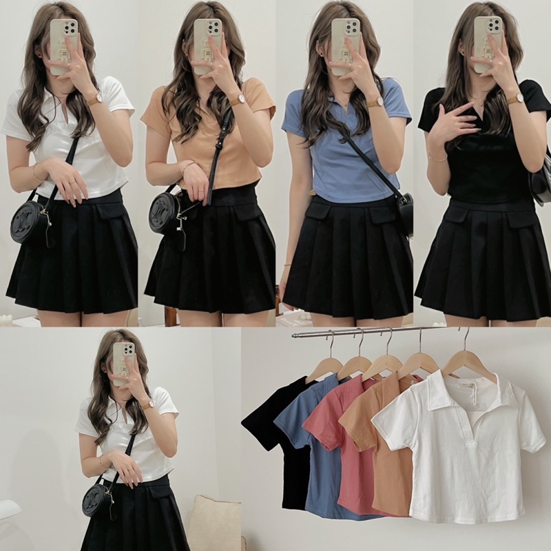 [Ảnh thật/Video]Áo croptop cổ đức có tay bảng màu hàn Quốc