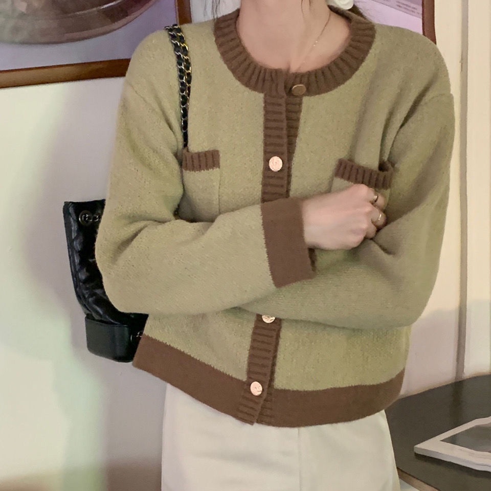 Áo khoác sweater mềm mại phối màu phong cách Pháp thời trang cho nữ