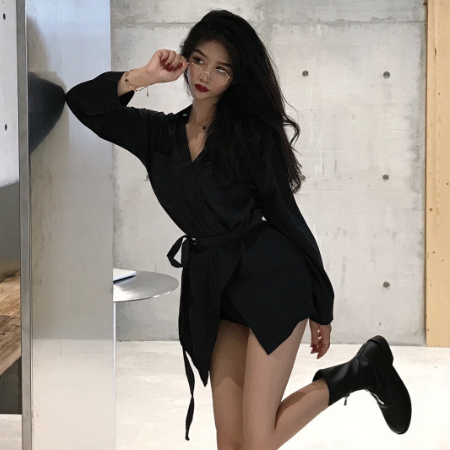 Áo sơ mi kiểu tay dài màu trắng &amp; đen HAF48 Hỉn Hỉn Store