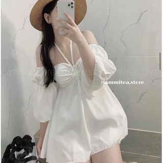 Áo trễ vai tiểu thư tay bồng dây yếm có LÓT NGỰC - Áo kiểu dấu quần chất voan nhẹ nhàng A07