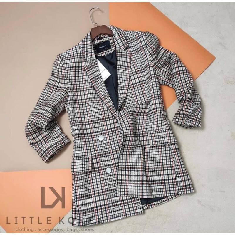 Áo Khoác Dạ Tweet Nữ, Áo Blazer Nữ 2 Lớp Dáng Dài Kẻ Caro - LITTLE KOREA