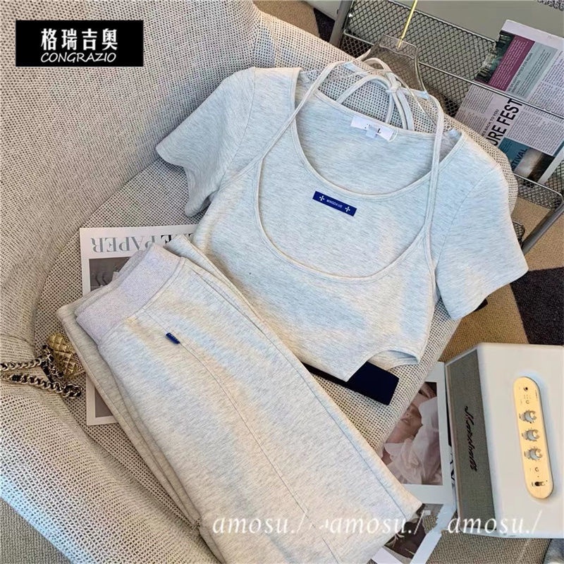 Set Đồ Thể Thao Hai Món Quần Ống Rộng Phong Cách Hàn Quốc Thời Trang Mùa Hè Cho Nam Và Nữ