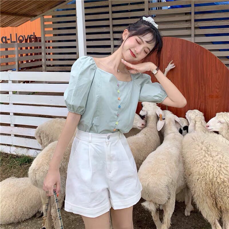 Áo hở vai áo kiểu nữ tay phồng ngắn cổ vuông màu tím dễ thương điệu đà sang chảnh thời trang 2020 | BigBuy360 - bigbuy360.vn