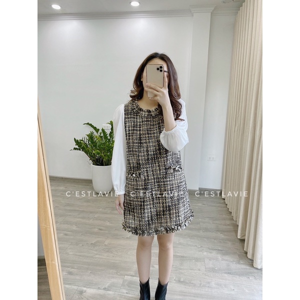 Váy tweed tay pha sơmi chất dày dặn cao cấp