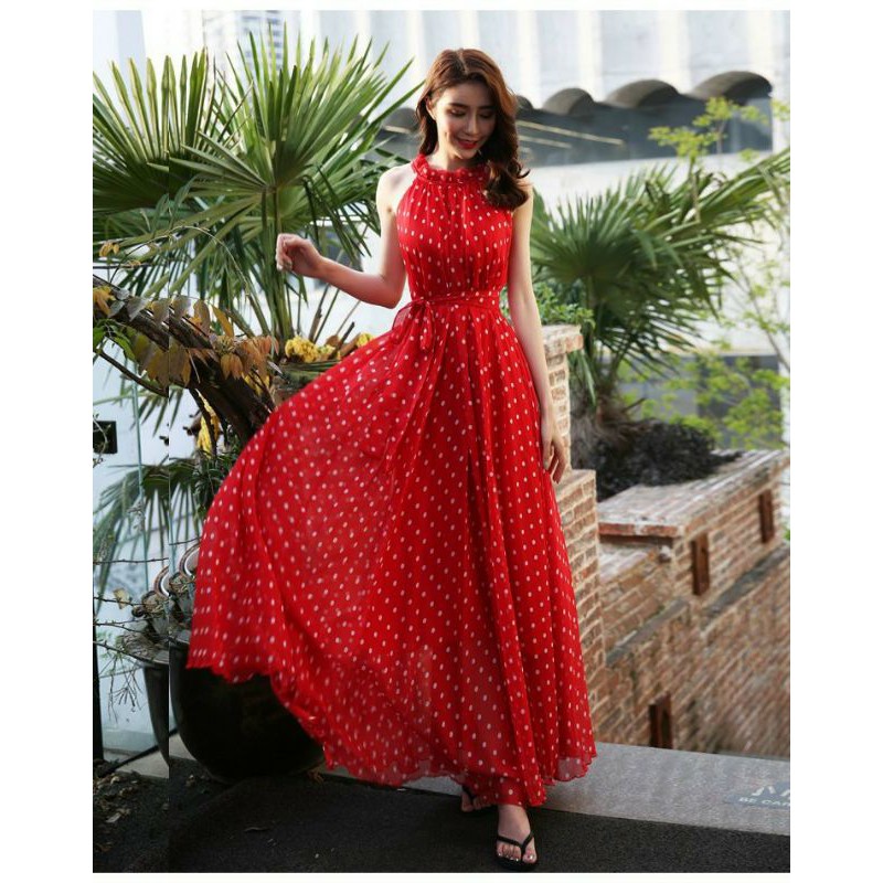 Đầm maxi chấm bi chiffon không tay, váy xòe đi biển du lịch có bigsize - HNG