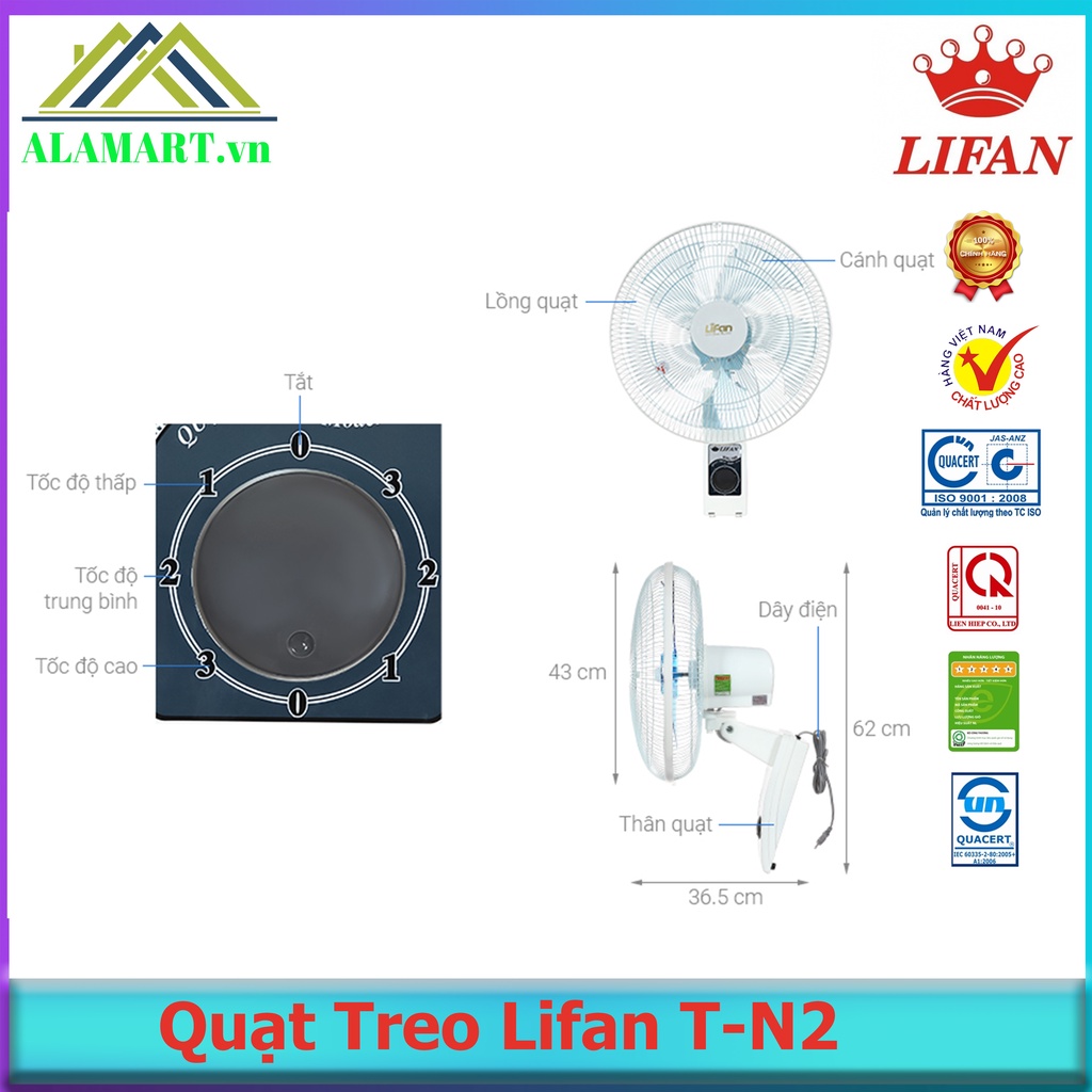 QUẠT TREO TƯỜNG LIFAN T-N2  bảo hành 12 tháng, 45W, cánh 400mm, 2 dây( hàng chính hãng, mới 100%)