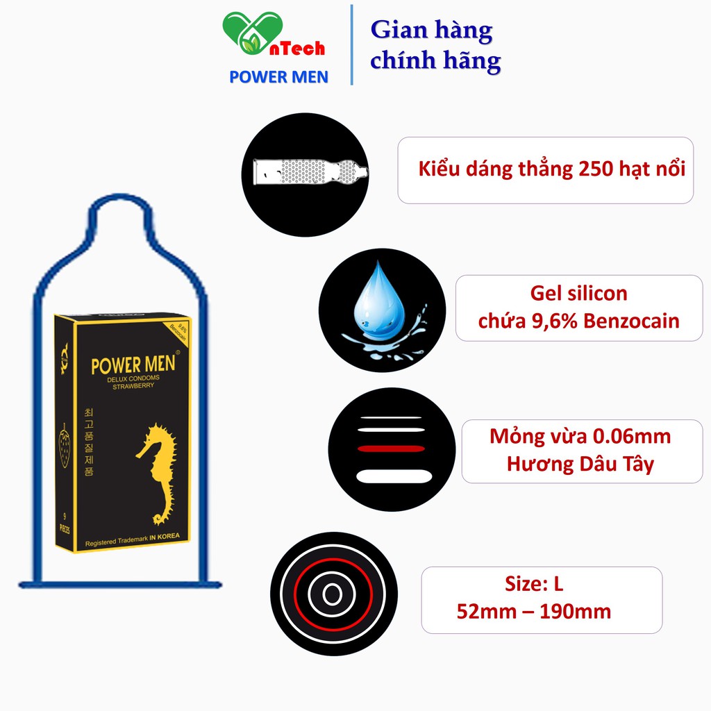 Combo 18 Bao cao su gân gai hương dâu POWERMEN STRAWBERRY nhiều gel bôi trơn chứa 9,6% Benzocain chống xuất tinh sớm