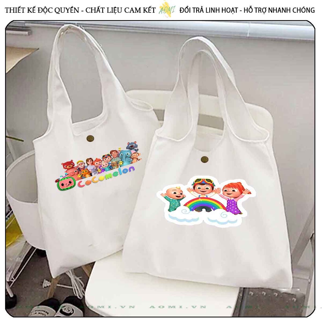 TOTE CANVAS COCOMELON FORM TRÒN TÚI VẢI ĐEO VAI BAG NÚT BẤM SIZE LỚN AOMIVN DU LỊCH DẠO PHỐ CÁ TÍNH
