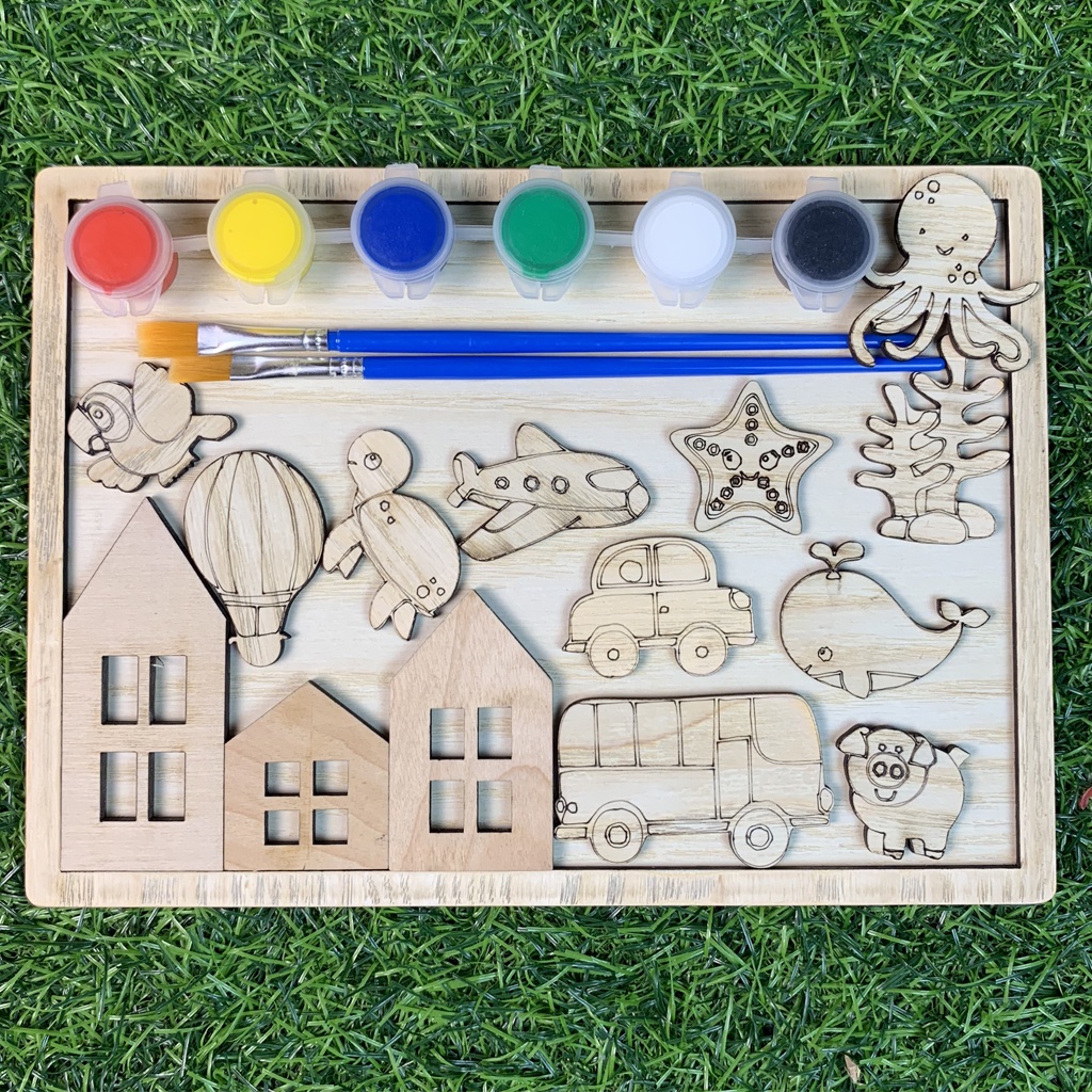Bộ Tô Màu Gỗ Kèm Khung Tranh,Phụ Kiện,Màu Tô Acrylic,Cọ Vẽ Cho Bé Yêu Hội Họa Làm Tranh Gỗ