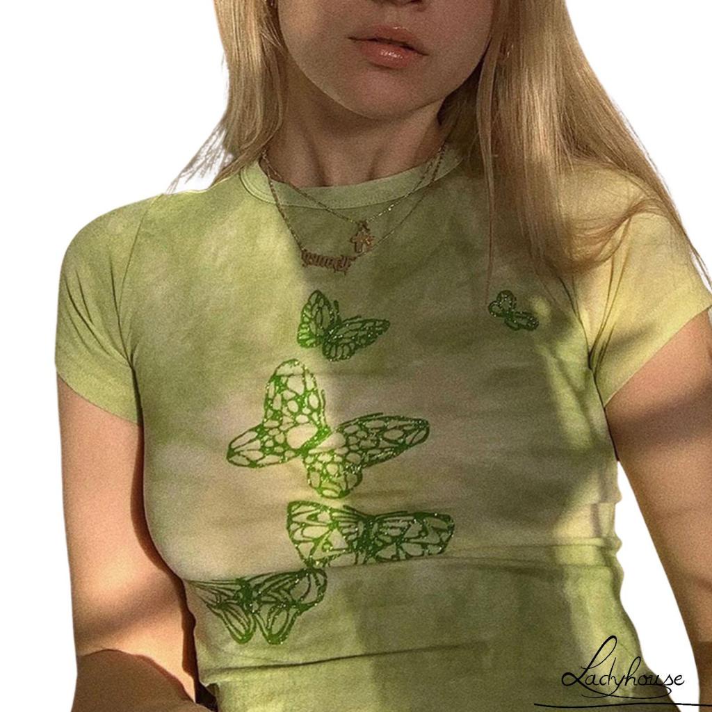 Ldd-áo Thun Croptop Cổ Tròn Tay Ngắn In Họa Tiết Bướm Màu Xanh Lá Dành Cho Nữ Size S/ M/ L
