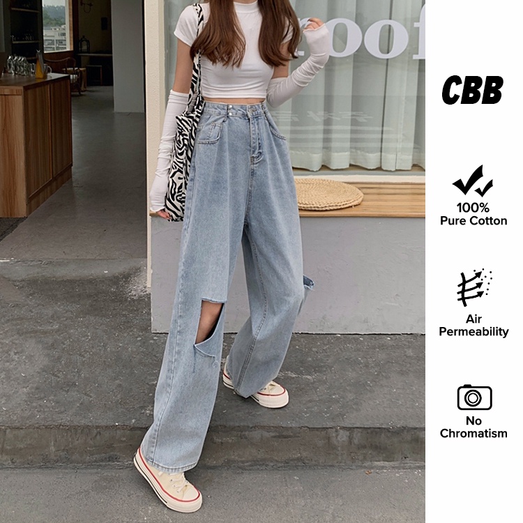 Porozi  Quần Jeans Nữ Lưng Cao Ống Rộng Rách Gối Thời Trang Hàn Quốc
