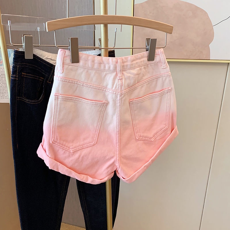 Pink gradient cross denim shorts women's summer 2022 new small ins fashion high waist hem straight pants