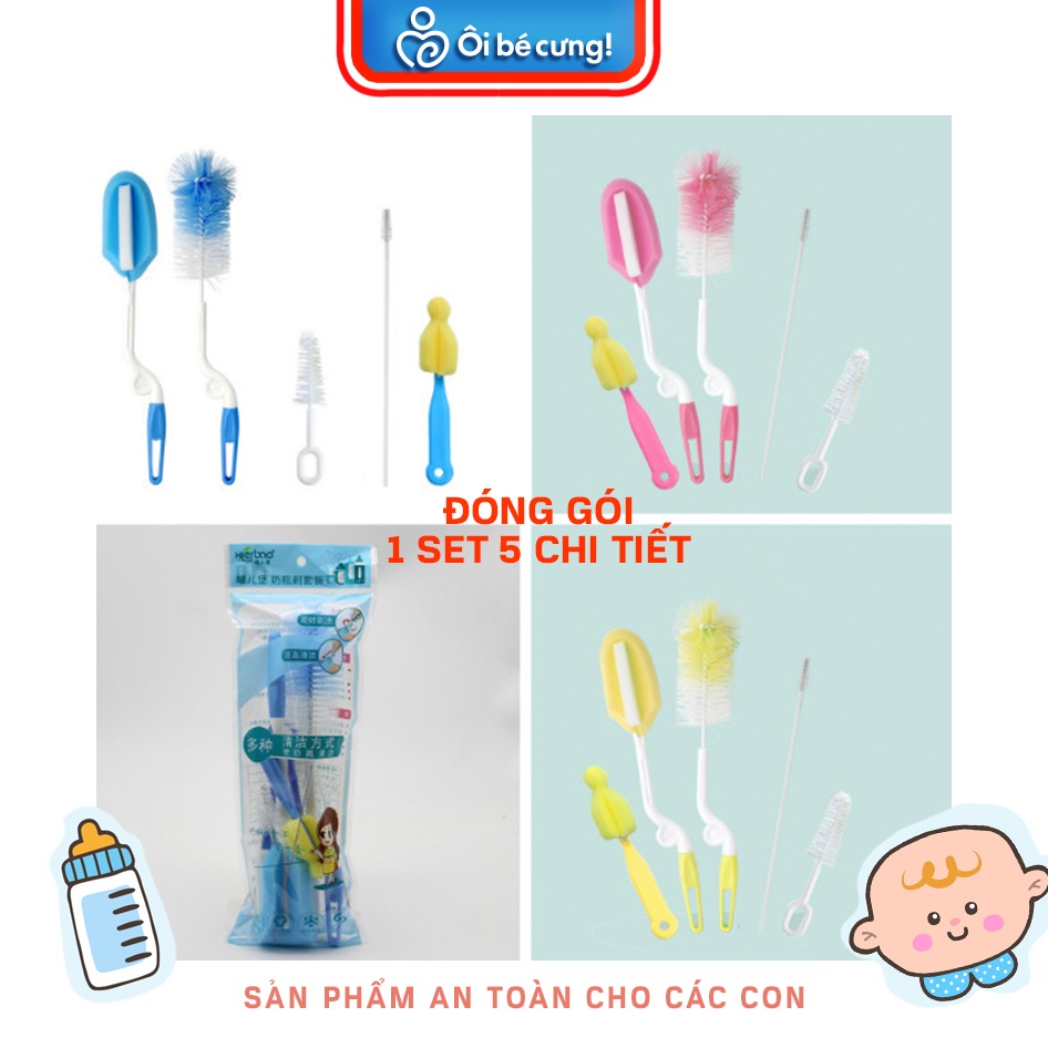 BỘ CỌ RỬA BÌNH SỮA 5 chi tiết cho bé CỌ RỬA NÚM TI ỐNG HÚT siêu sạch siêu rẻ Tay cầm xoay 360 độ ÔI BÉ CƯNG PK.36