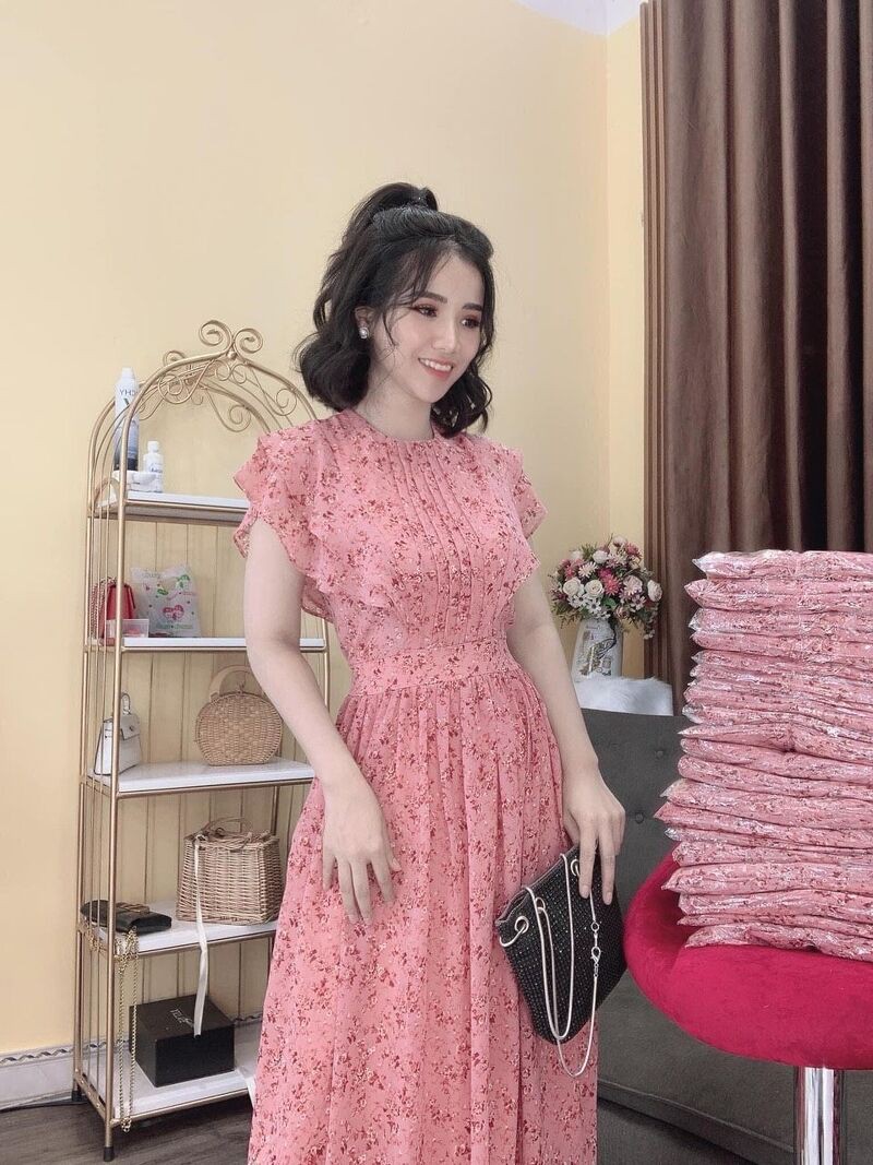 Váy hoa hồng cánh tiên dáng dài xòe đai eo