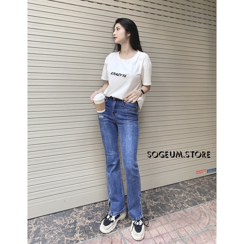 Quần jean nữ co giãn, Quần bò cạp cao ống vẩy rách xẻ tà màu xanh sogeum.store