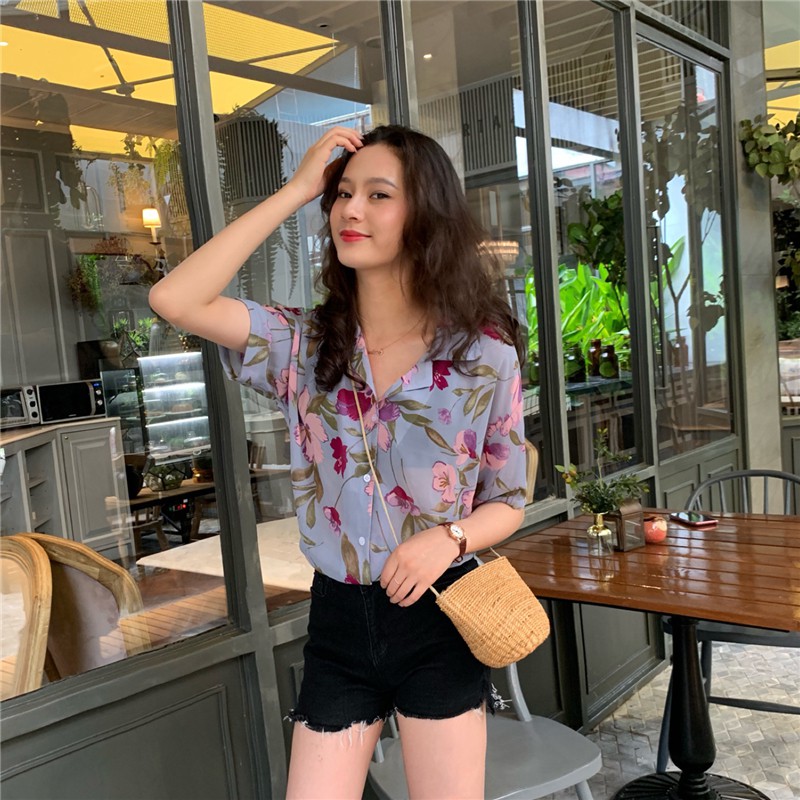 Áo sơ mi GENAISHA tay ngắn cổ chữ V họa tiết hoa thời trang duyên dáng cho nữ