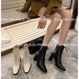 Bốt boot đan dây da lì gót trụ khoá hông fullbox hàng quảng châu cao cấp