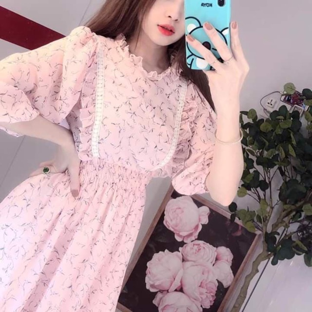 Đầm hoa nhí tay phồng tiểu thư viền ren